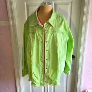 Quacker Factory 3X Green Rhinestone Cotton Button‎ Up Collared Jacket Bling